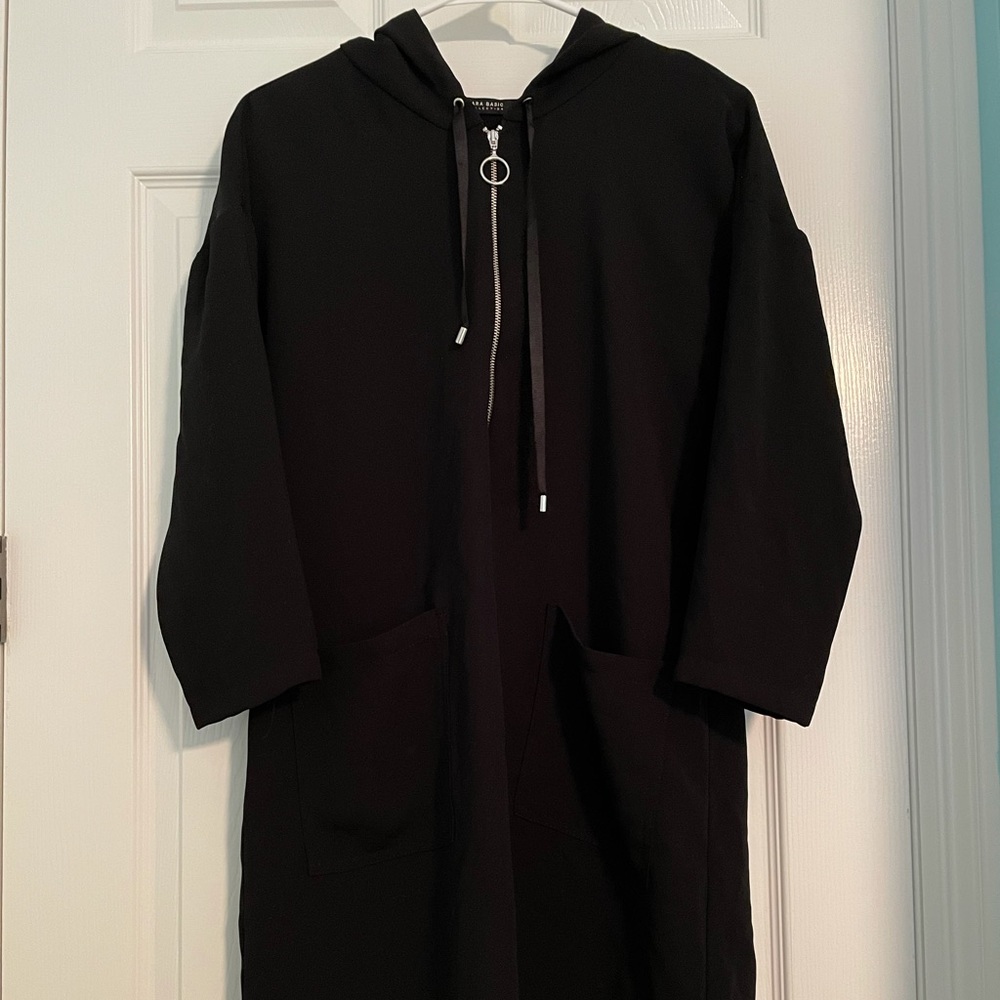 black long sleeve dress with hoodie and pockets
